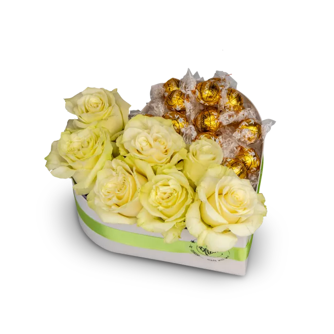 Box of flowers and white chocolates